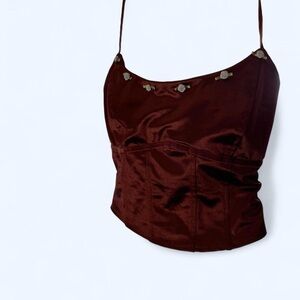 Burgundy silk texture strappy tank top with flower details L